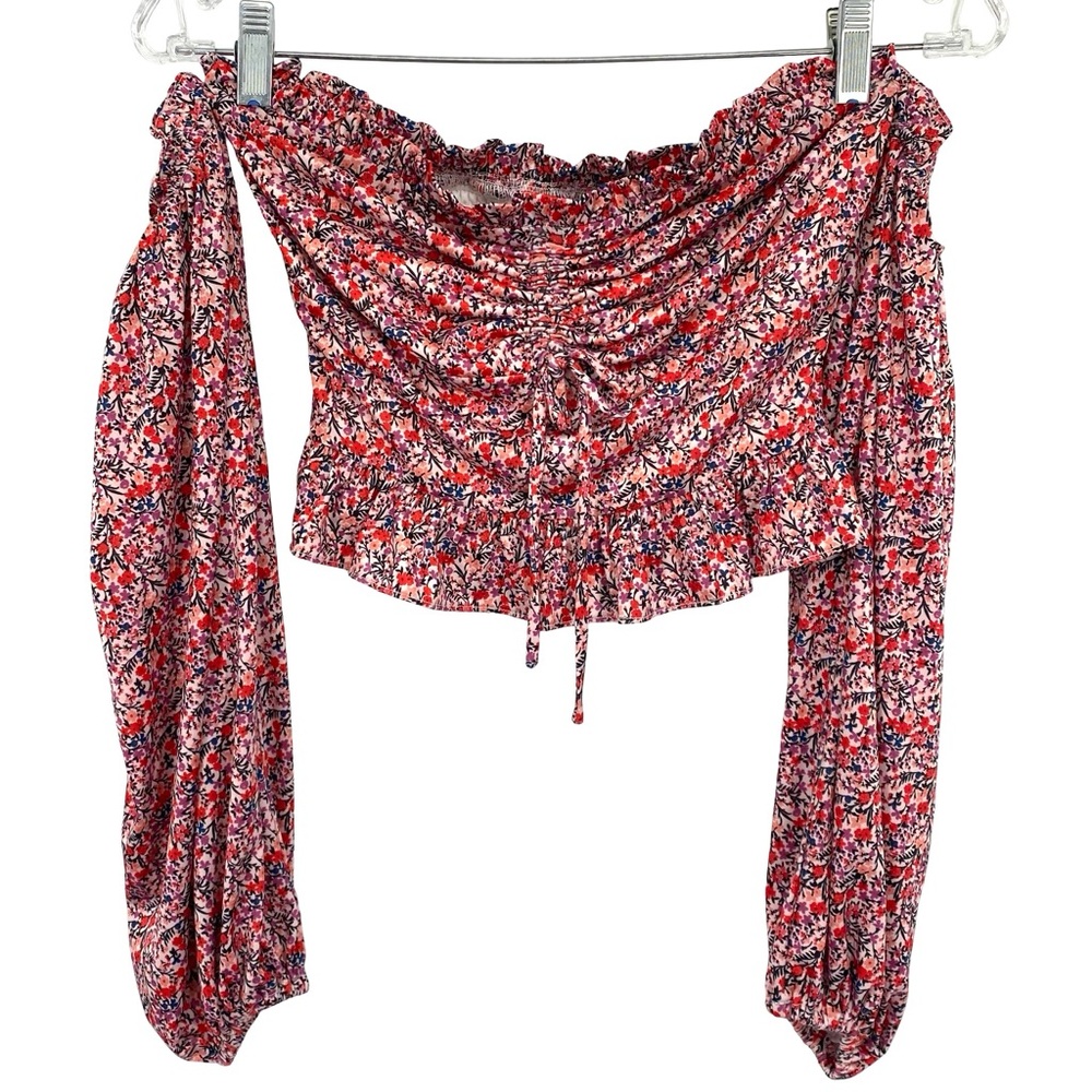 Lovers and Friends Red and Pink Floral Cinched Off Shoulder Crop Top XS